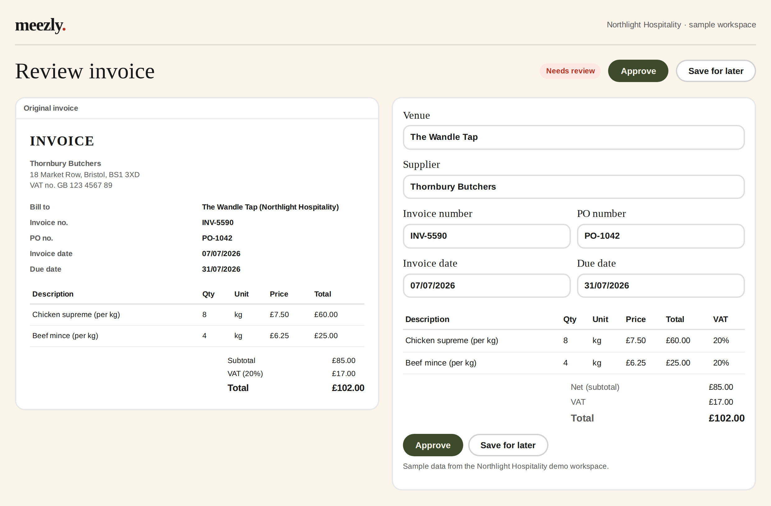 Meezly invoice review screen with a supplier invoice read line by line and Approve on screen